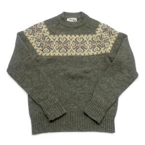 Vintage 80s Scottish Shetland Wool Fair Isle Sweater Olive Green
